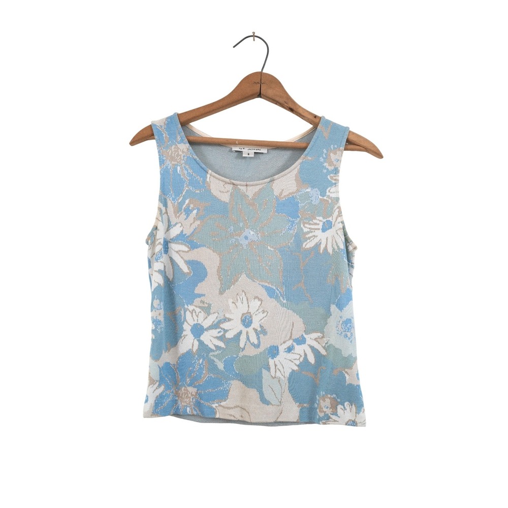 St. John Floral Knit Tank Top Blue Multi Wool Blend S